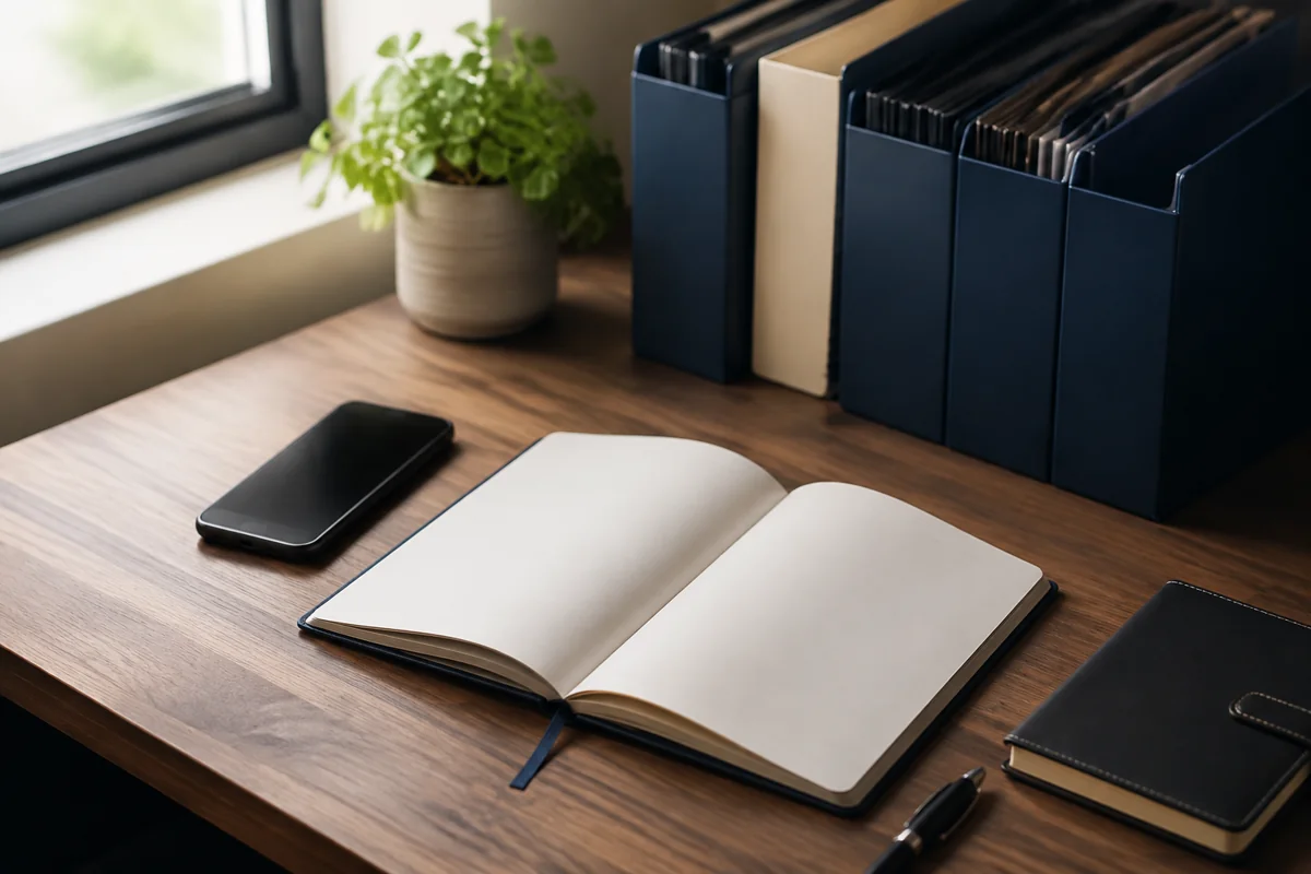 Notebook and unbranded phone beside organized contact folders