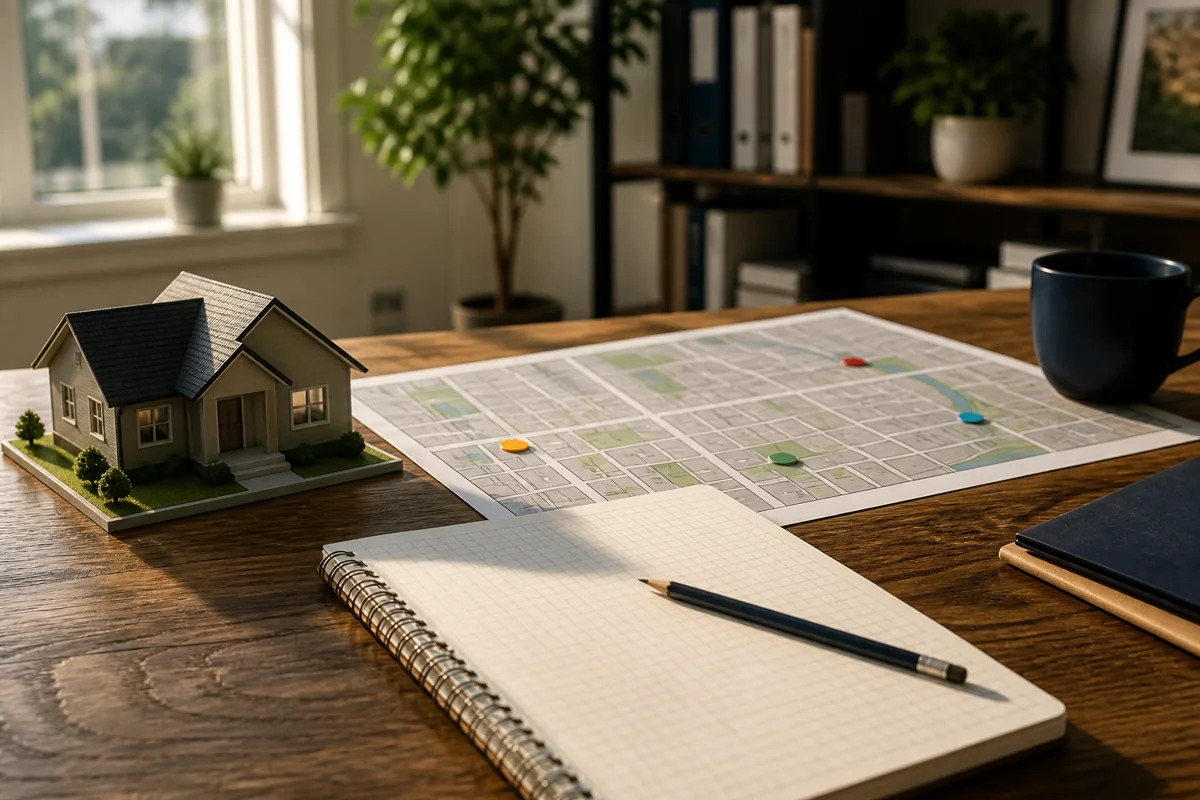 House model, neighborhood map and notebook on an investor’s desk
